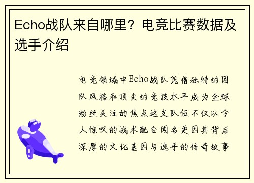 Echo战队来自哪里？电竞比赛数据及选手介绍